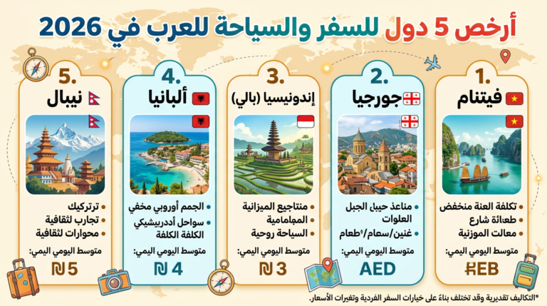 إنفوجرافيك عربي يرتب أرخص خمس دول عربية للسفر في 2026