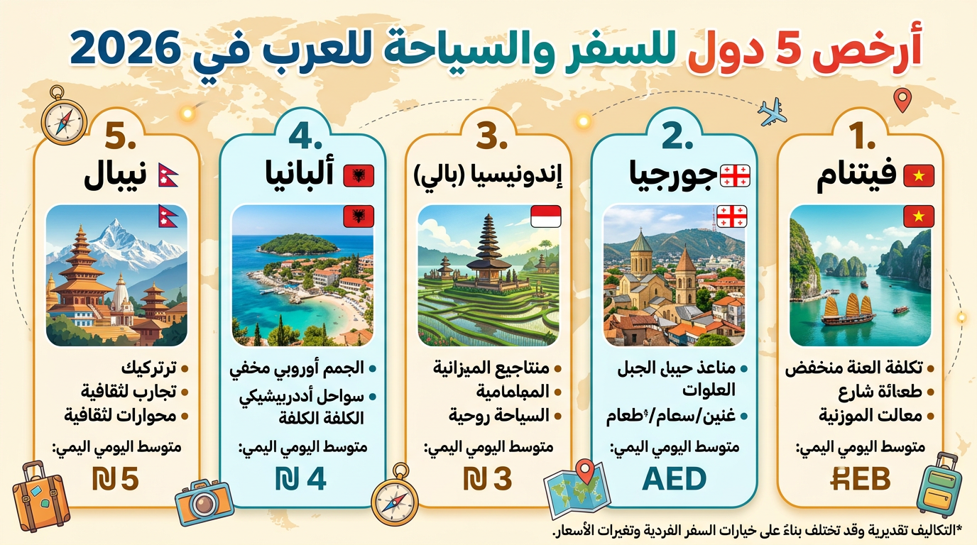 إنفوجرافيك عربي يرتب أرخص خمس دول عربية للسفر في 2026