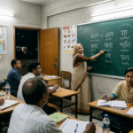 Teacher pointing to Bangla vocabulary on a classroom chalkboard