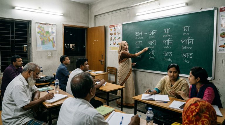Teacher pointing to Bangla vocabulary on a classroom chalkboard