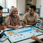 Five people use an interactive table for a Bengali language lesson
