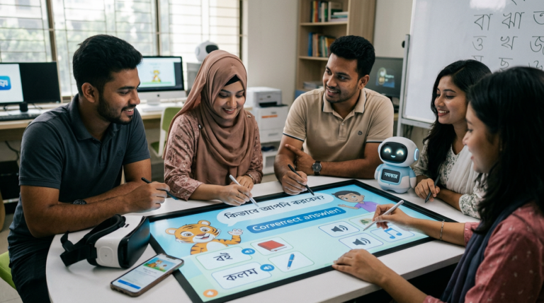 Five people use an interactive table for a Bengali language lesson