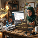 SEO workspace showing Arabic warnings, 404 error, weak content, and blocked visibility