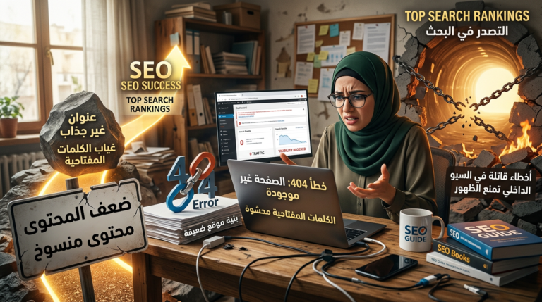 SEO workspace showing Arabic warnings, 404 error, weak content, and blocked visibility