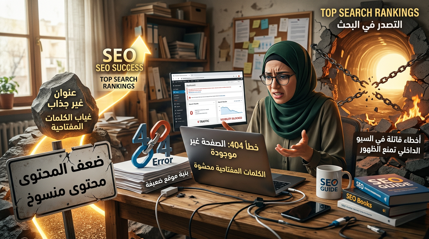 SEO workspace showing Arabic warnings, 404 error, weak content, and blocked visibility